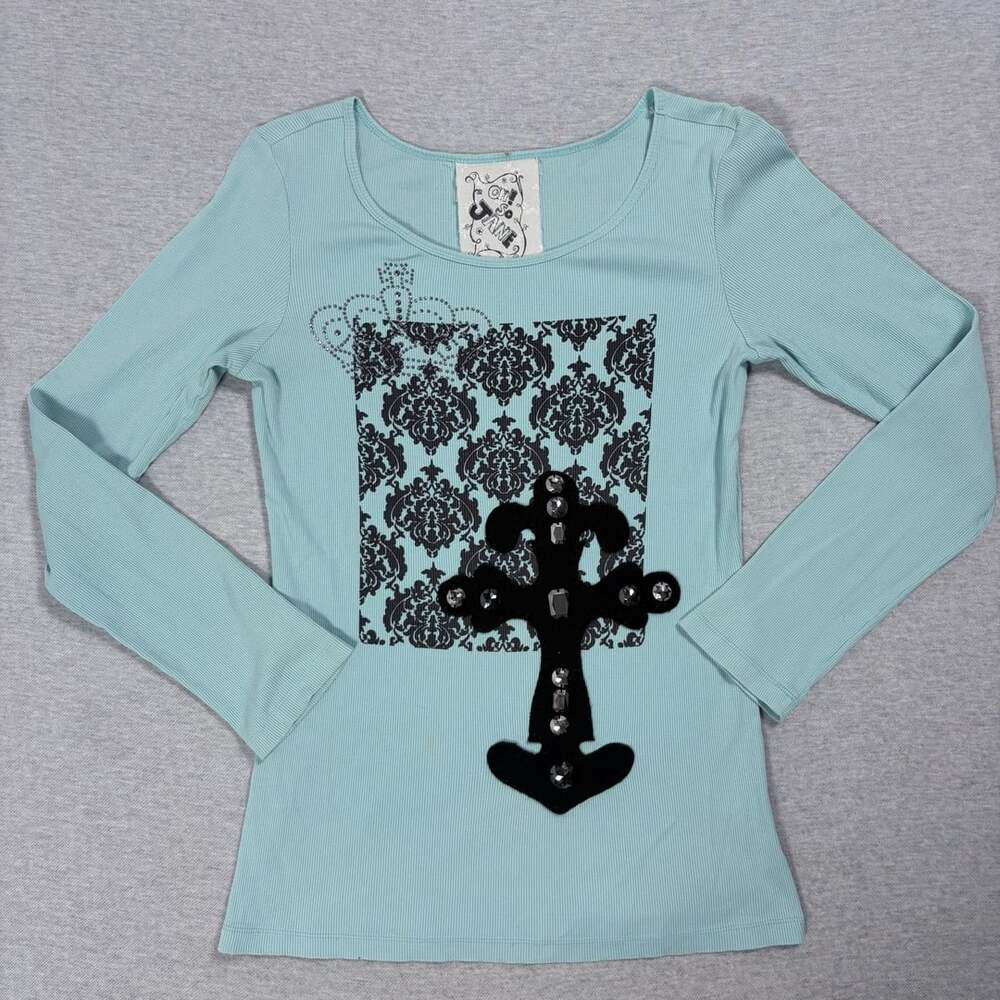 Oh So Jane Long Sleeve Graphic Top Size XL Blue Damask Rhinestone Cross